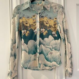 Vintage 70s dagger collar button up. Thermo Jac SZ 11/12 flowers and clouds